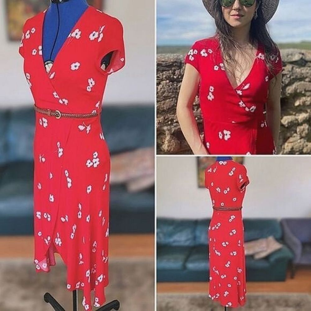 Bardot red floral V-neck faux wrap cap sleeve maxi dress